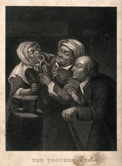 A rustic blacksmith turned tooth-drawer extracting a tooth from an anxious woman patient, her husband observes the situation