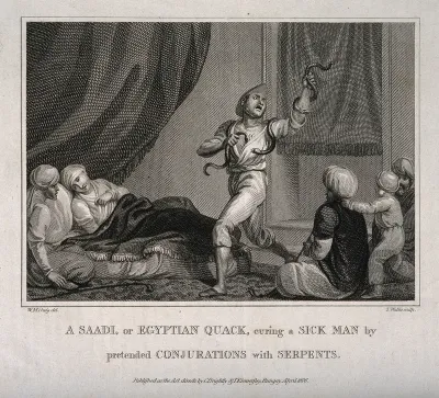 A Saadi, or Egyptian shaman using snakes and incantations to cure a sick man