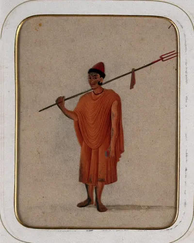 A sadhu or sannyasi carrying a trident over his shoulders
