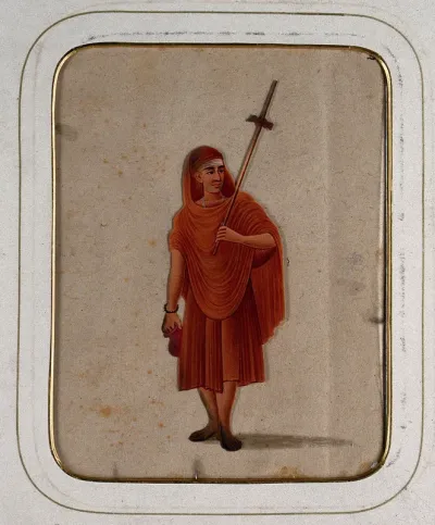A sadhu or sannyasi wearing orange robes, with horizontal marks on his forehead, carrying a staff and a water pot