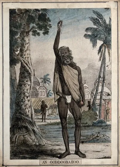 A sadhu with raised arm and overgrown fingernails, Calcutta, West Bengal