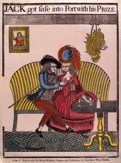 A sailor and a young woman with her breasts exposed are seated on a settee; a table with two glasses and a bottle in the foreground