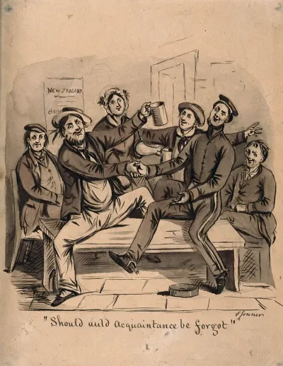 A sailor being toasted by a group of his friends in a tavern as he is about to depart for New Zealand