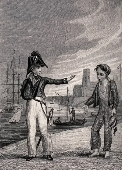 A sailor on a quay side with one arm in a sling holds out his other hand as if to push away the small beggar boy who is asking for help