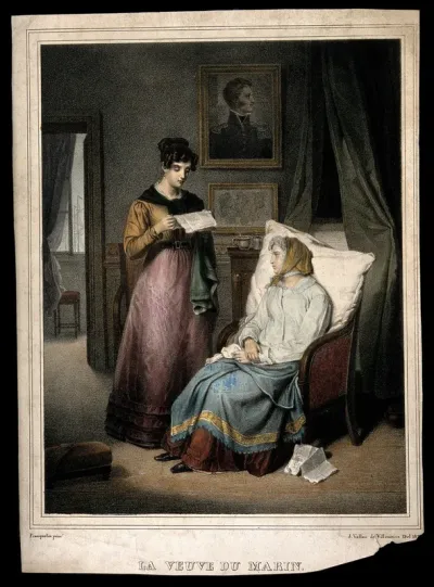 A sailor's widow listens while a woman reads her a letter