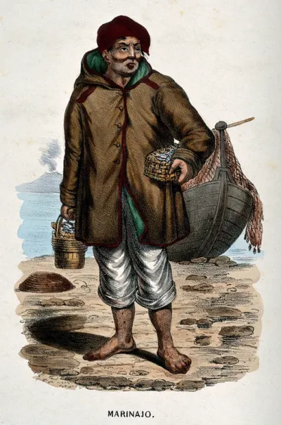 A sailor stands on the shore, his boat is behind him and he is carrying a casket in one hand