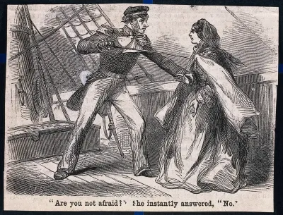 A sailor threatening a young woman with a sword on board of a ship