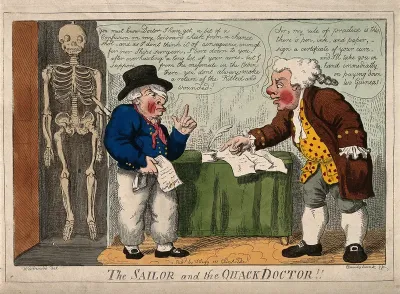 A sailor with a bandaged eye consulting a mercenary medical practitioner