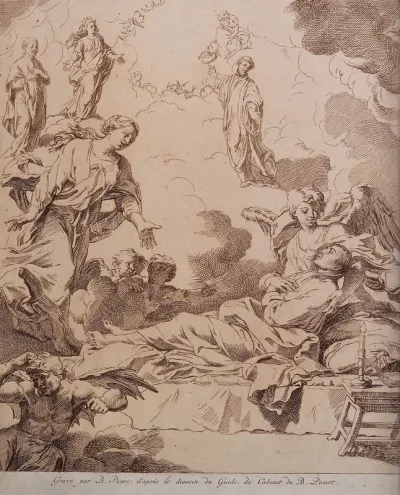 A saint lying on his death bed is visited by the Virgin, saints and angels