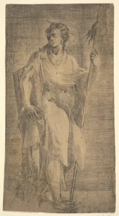 A saint, possibly Matthew, holding a staff and a book