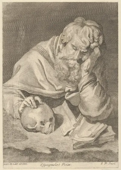 A saint seated at a table with his right hand resting on a skull, plate 33 from a portfolio of reproductions of the Imperial Gallery of Paintings in Vienna