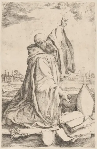 A sainted bishop of the Benedictine order kneeling towards the right and pointing at the heavens