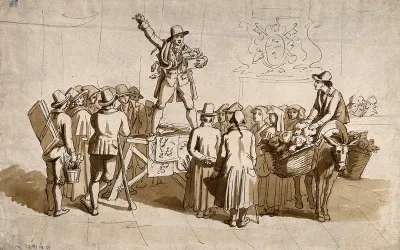 A salesman in Rome with a snake selling amulets as antidotes or prophylactics against snake-bite to a crowd of people