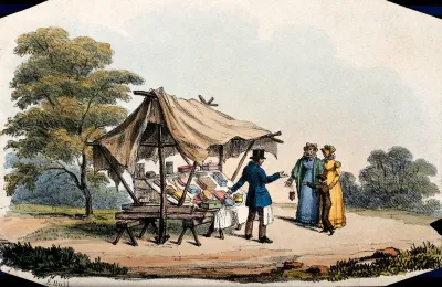 A salesman of fancy goods, who has set up his stall in the country, invites two women and a boy to look at his wares