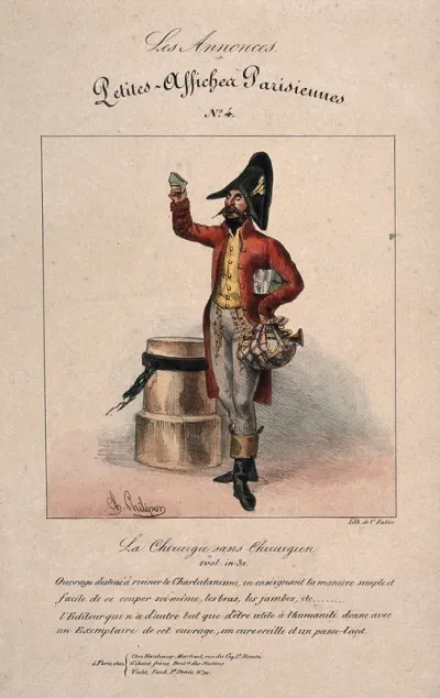 A salesman selling booklets on self-surgery from a knapsack in the street