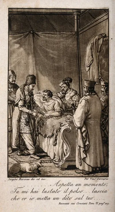 A Saracen physician taking the pulse of a Christian patient who is surrounded by fellow crusaders