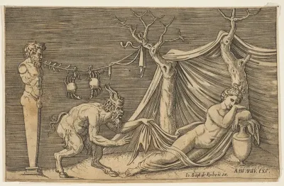 A satyr discovering a sleeping woman; two crabs hanging from a rope which is strung between a term and a tree