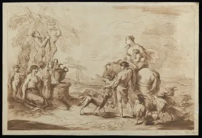 A satyr dressing a statue of Pan, being watched by a man and by a woman on horseback