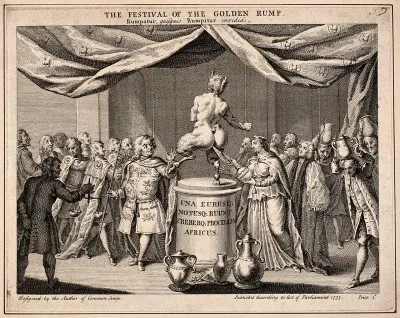 A satyr on a pedestal kicks out at a magician while a priestess attempts to insert a clyster-pipe; depicting a play called 'The Golden Rump' representing King George II with his wife and Sir Robert Walpole