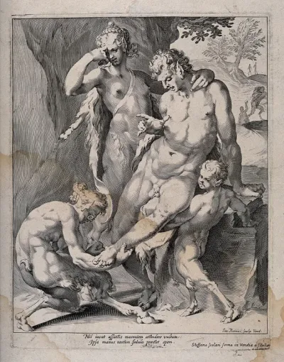 A satyr wearing eyeglasses, with young assistant, removes a thorn from the foot of a male faun who leans against female companion