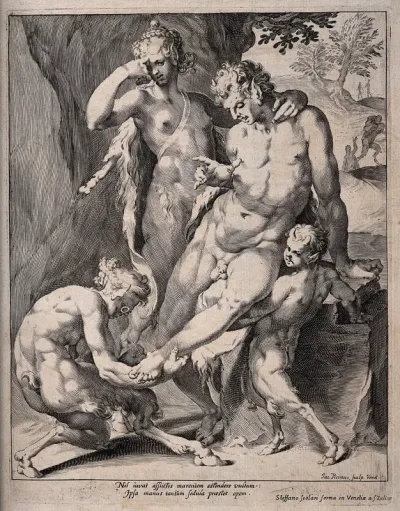 A satyr wearing spectacles removes a thorn from the foot of a male faun while a female faun and boy satyr observe, with printed latin verse