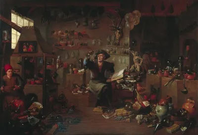 A savant in his cabinet, surrounded by chemical and other apparatus, examining a flask.