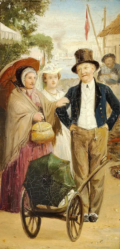 A scene from Henrik Hertz, De fattiges Dyrehave. The family on a picnic with a child in the pram.