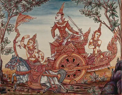 A scene from Ramakian or Ramayan, the Indian epic: Rama riding on top of a chariot holding a sword, along with Lakshman and Sita (?)