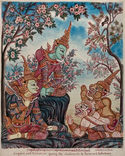 A scene from Ramayan: Sugriva and Hanuman giving the statements to Rama and Lakshana