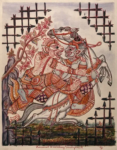 A scene from the Ramayana: Hanuman catching Virunyananti (?)