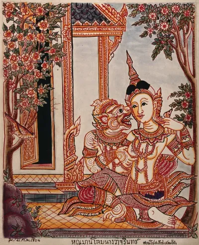 A scene from the Ramayana: Hanuman (?) getting intimate with a beautiful maiden