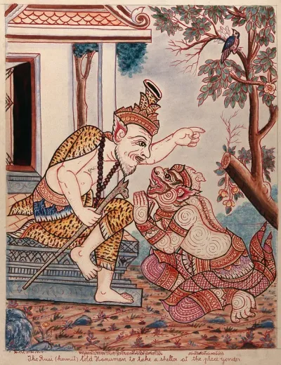 A scene from the Ramayana: the hermit telling Hanuman to take shelter