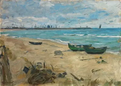 A scene from Vester Strand, in the background Skagen Harbour.