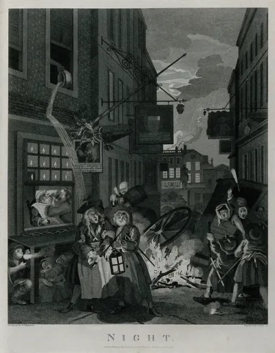 A scene of destruction with an overturned coach, screaming people and a bonfire; representing night