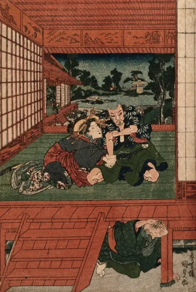 A scene of jealousy; a bespectacled older man spies on a couple from beneath a verandah