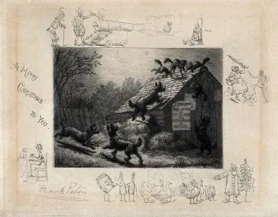 A scene showing a group of cats seeking refuge from dogs on the roof of a barn, is surrounded by vignettes with humourous subjects