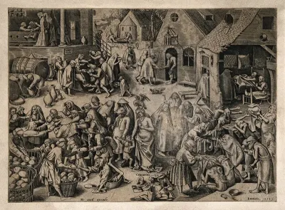 A scene showing alms-giving of food, water, clothes and money; in the midst of this Charity is seen with a Pelican on her head holding a Sacred Heart