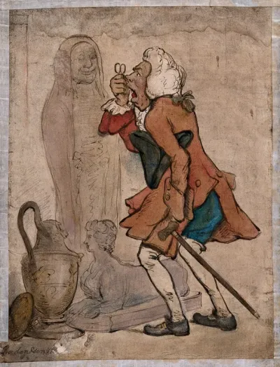 A scholar and/or physician carrying a cane peering at an Egyptian mummy through a pair of eyeglasses