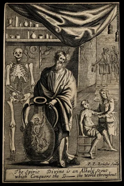 A scholar in a surgeon's workroom with a jar of spirits containing Saint Michael defeating a dragon with a barbued tonge; representing the scholar's knowledge of chemistry enabling surgeons to heal, by setting the beneficent force of alkalis against 