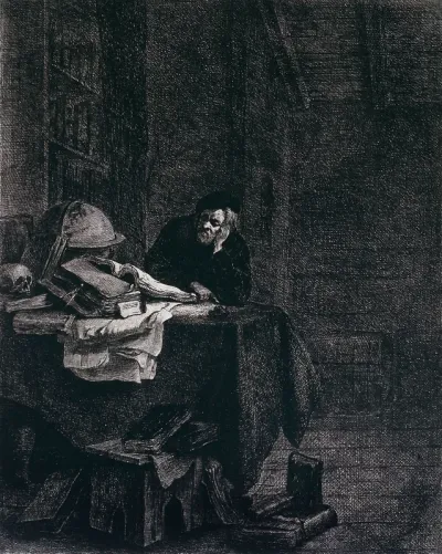 A scholar sits in his study reading beside a globe
