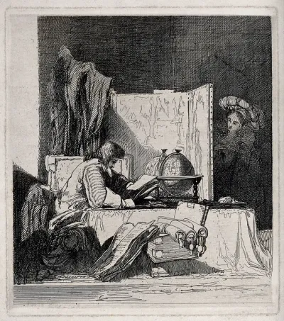 A scholar sits in his study reading by a globe, a woman peeps from behind a screen