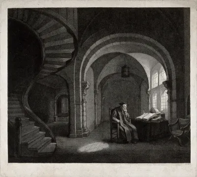 A scholar sits in his study reading by a globe