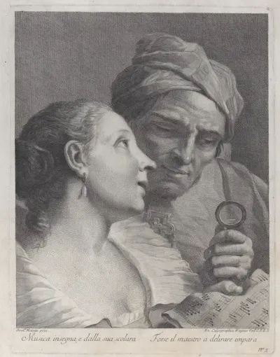 A schoolgirl and her music teacher looking at a sheet of music