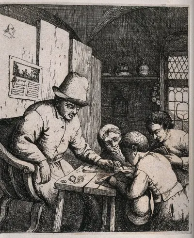A schoolmaster pointing to the text read by one of his pupils while his other two pupils observe