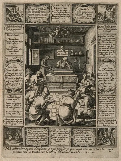 A schoolroom; illustrating Biblical proverbs on the necessity of the discipline of children