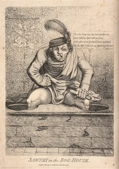 A Scotsman in Highland dress seated with his legs down two latrines, grasping the "Act for establishing Popery"; representing the Scottish rejection of the Catholic Relief Act