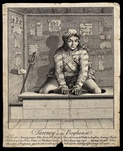 A Scotsman using a lavatory for the first time, is seated on a latrine with his legs thrust down the holes in the board and his hands placed before him; his urine trickles over the edge of the toilet