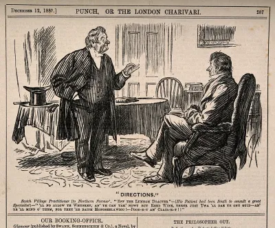 A Scottish doctor informing a northen farmer of the perils of consulting a southern doctor including recommending red wine rather than whiskey