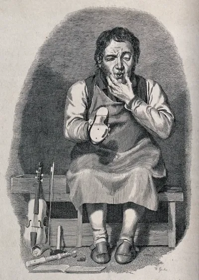 A Scottish musical shoemaker: he sits on a bench and contemplates the sole of a shoe he is holding; on the floor and resting against the bench are a violin, a recorder, and a book of music scores