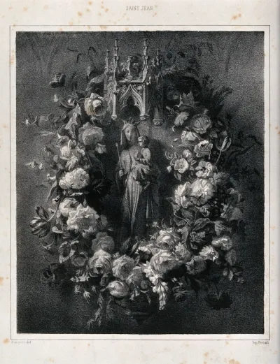 A sculpture of the Virgin with Child surrounded by a garland of roses